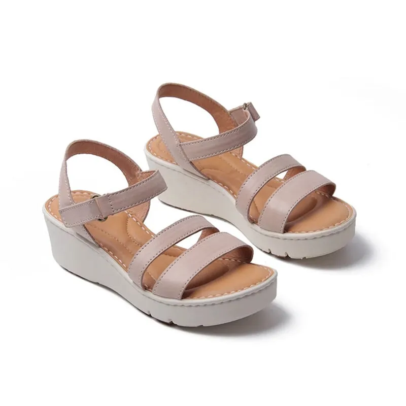 Handmade Leather Double-strap Wedges Sandals in Brown/Apricot- Womens Platform Slingback