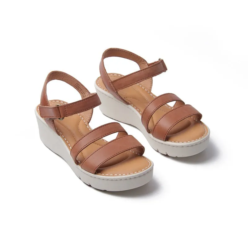 Handmade Leather Double-strap Wedges Sandals in Brown/Apricot- Womens Platform Slingback