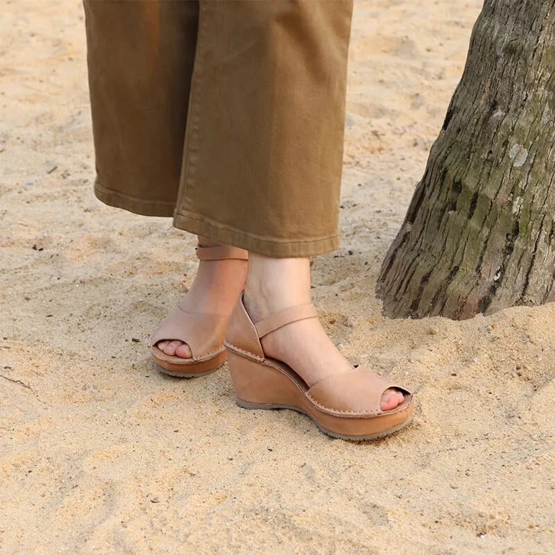 Handmade Leather Wedges Sandals Ankle Strap Peep Toe in Black/Khaki/Brown