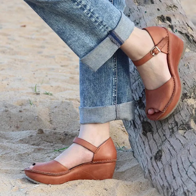 Handmade Leather Wedges Sandals Ankle Strap Peep Toe in Black/Khaki/Brown