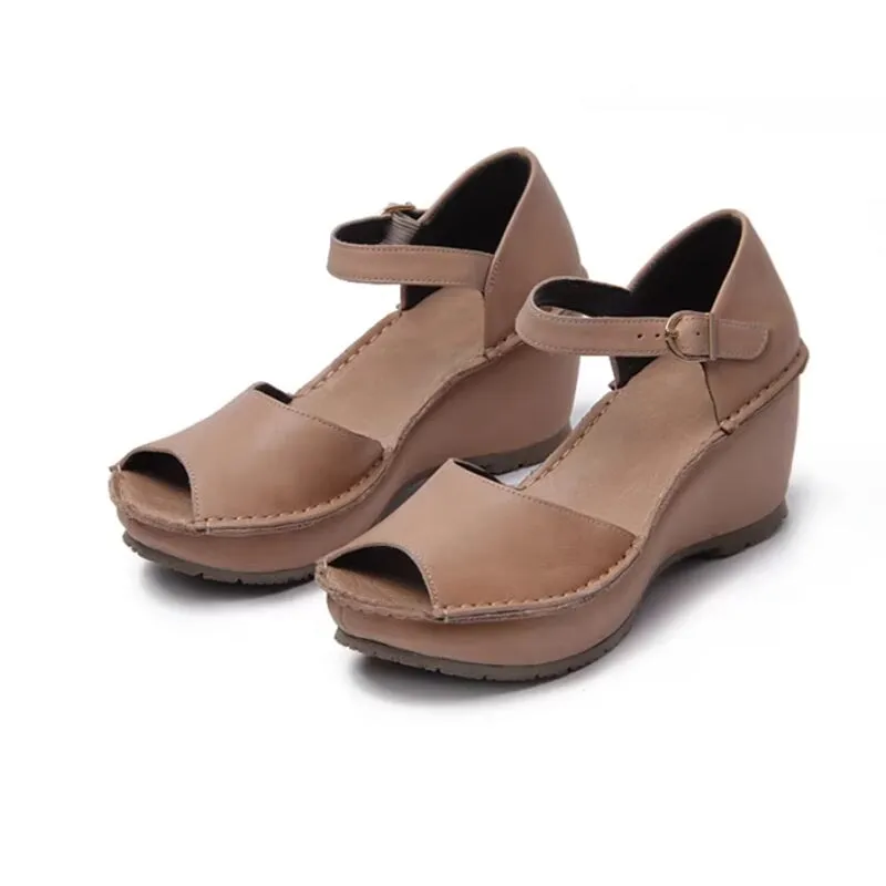 Handmade Leather Wedges Sandals Ankle Strap Peep Toe in Black/Khaki/Brown