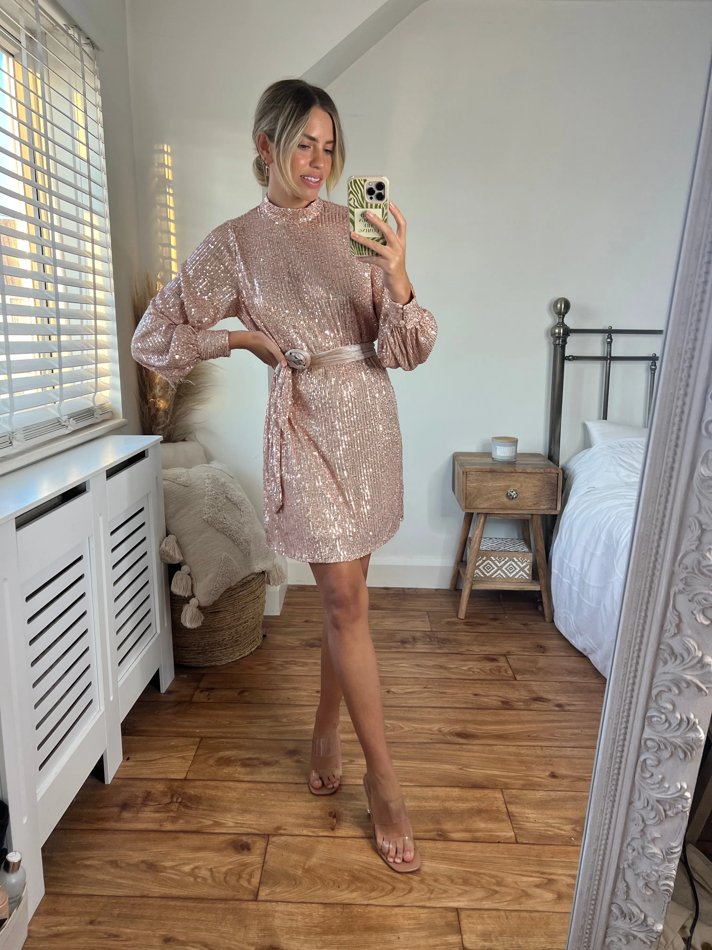 Hannah Sequin High Neck Mini Dress / Rose Gold