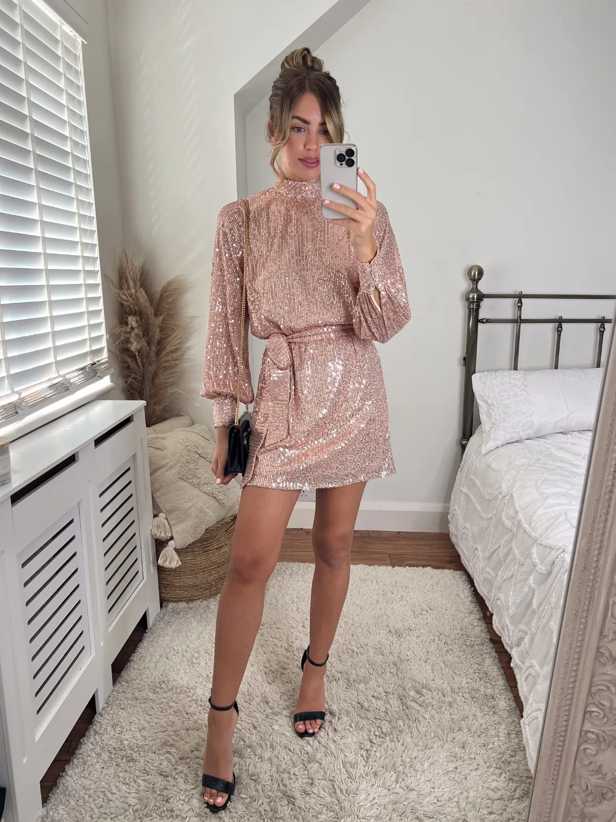 Hannah Sequin High Neck Mini Dress / Rose Gold