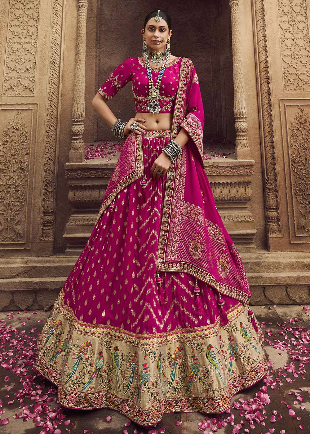 Heavy Viscose Fusion Pink Embroidered Bridal Lehenga Choli