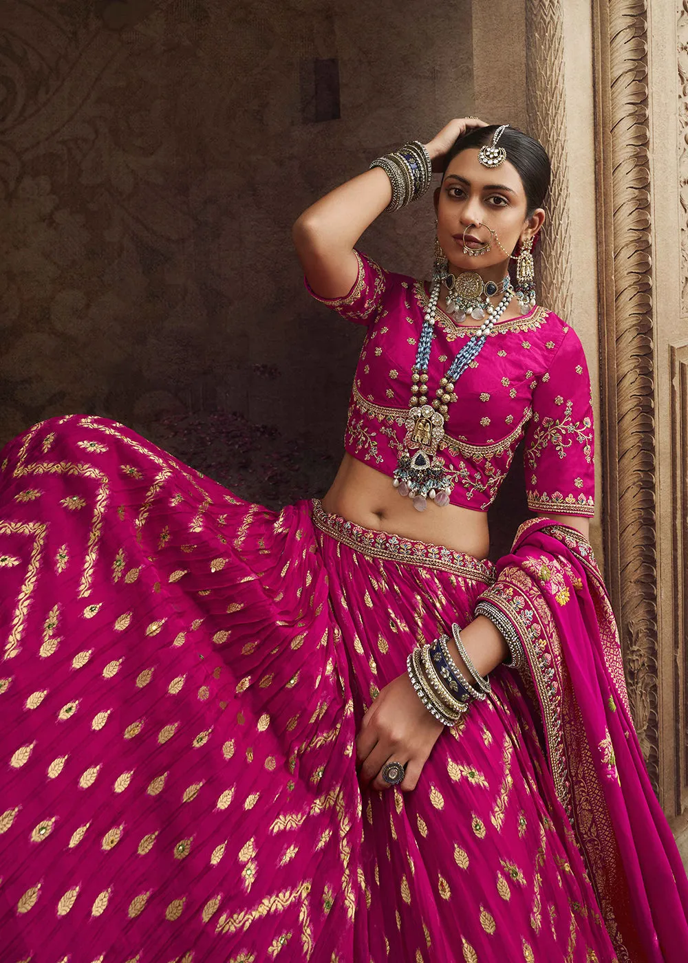 Heavy Viscose Fusion Pink Embroidered Bridal Lehenga Choli