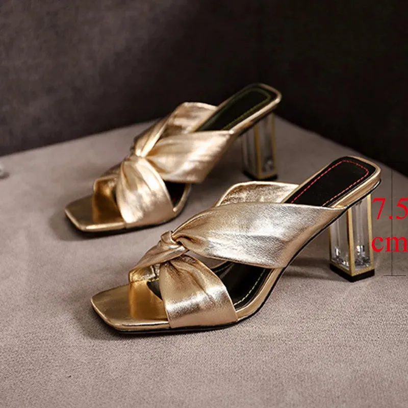 Hnzxzm Womens Cross Strap High Heels Slippers 2024 Summer Luxury Golden Square Toe Sandals Women Designer Clear Heel Slides Woman