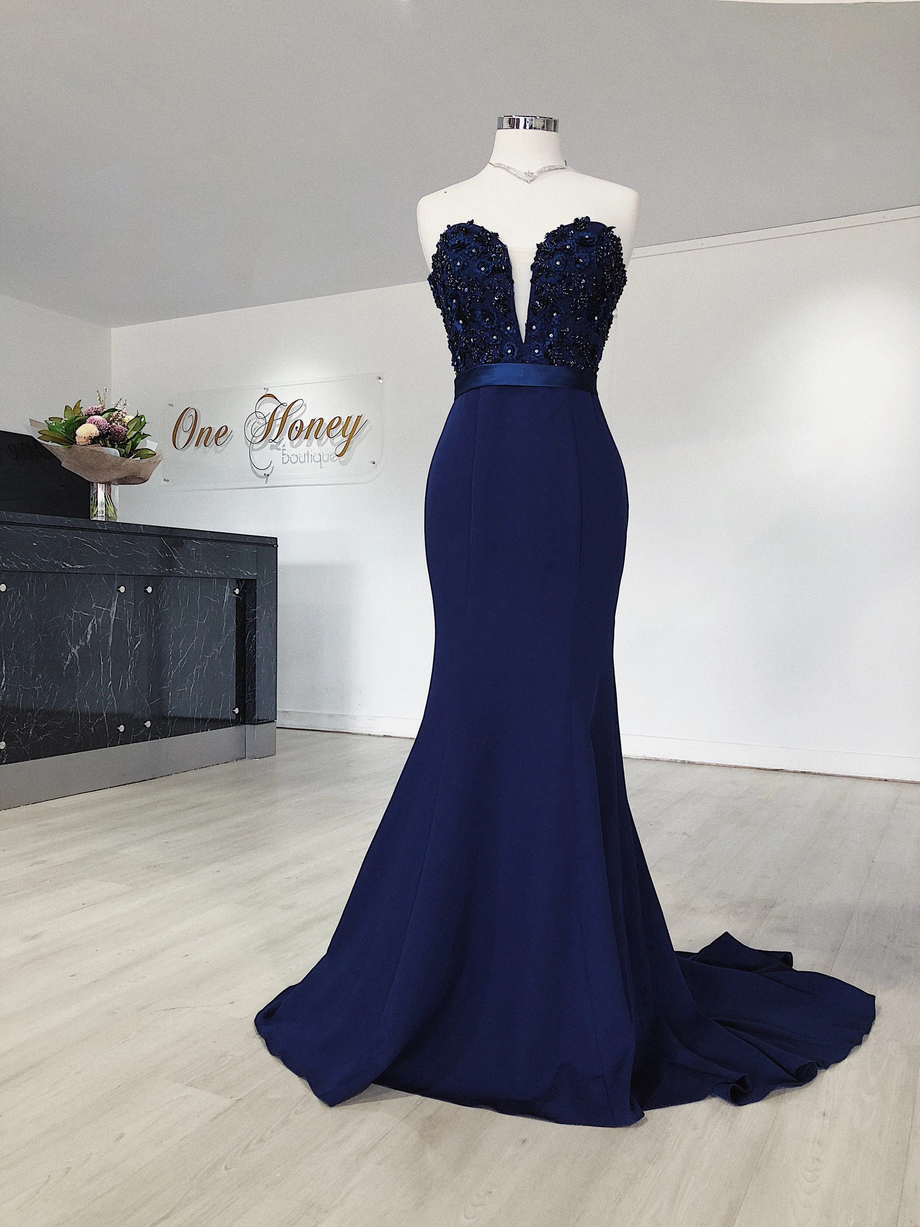 Honey Couture SERENA Blue Strapless Mermaid Formal Dress