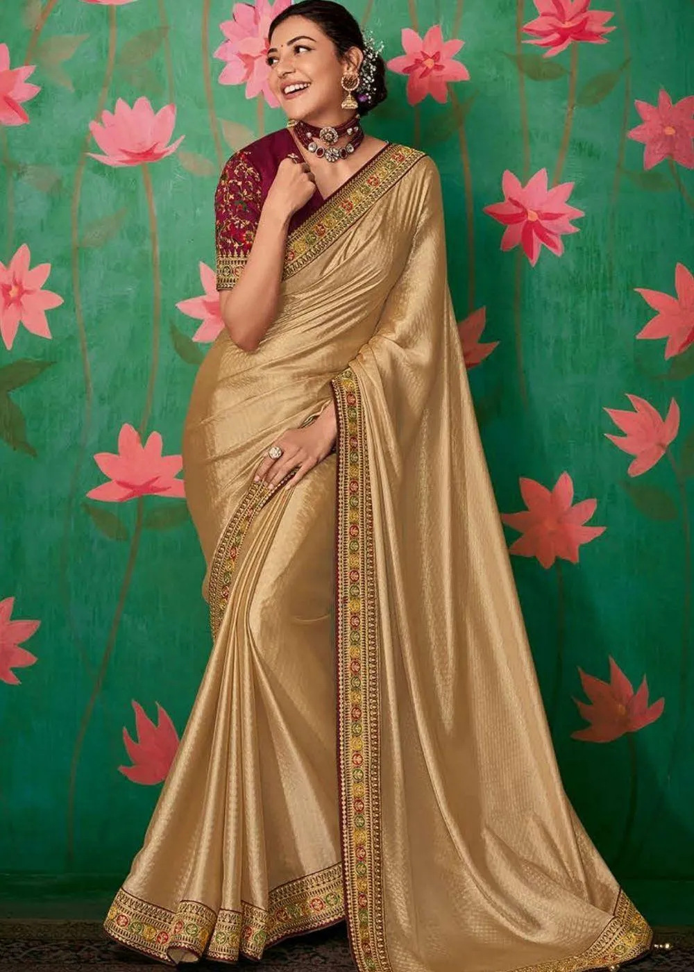 Latte Brown Designer Silk Saree with Contrast Embroidered Blouse | Stitched Blouse