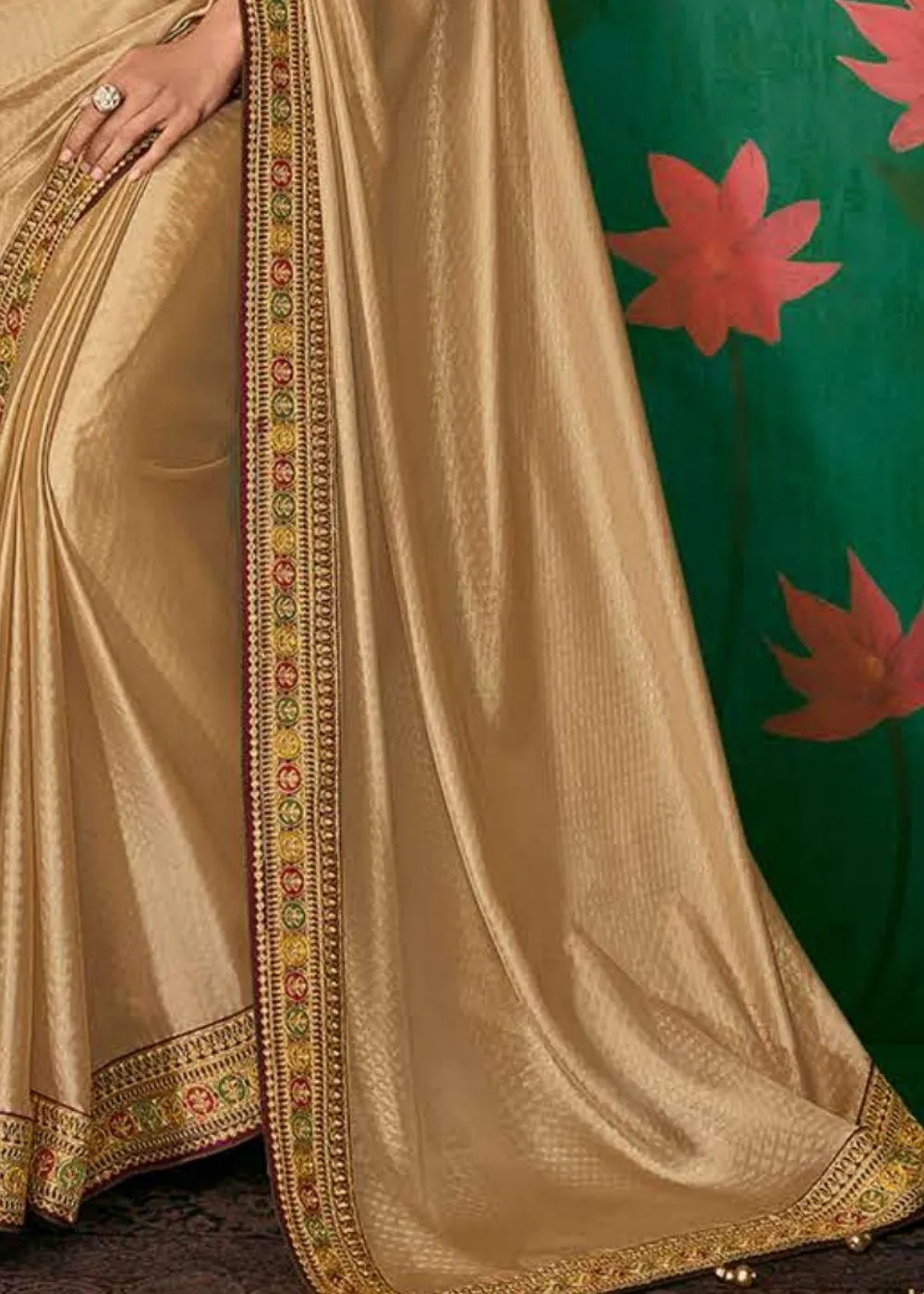 Latte Brown Designer Silk Saree with Contrast Embroidered Blouse | Stitched Blouse