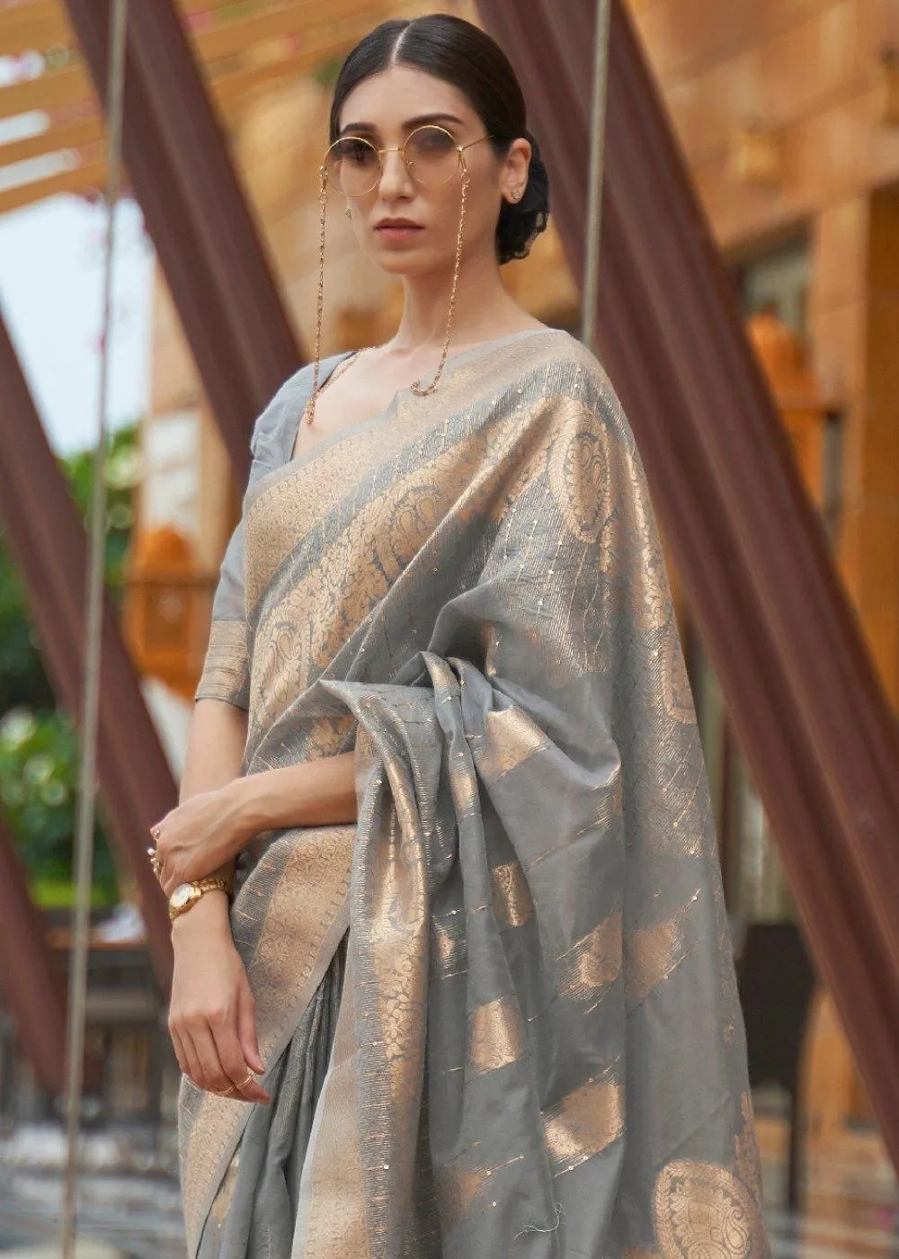 Lava Grey Zari Woven Silk Saree with Sequins work | Stitched Blouse