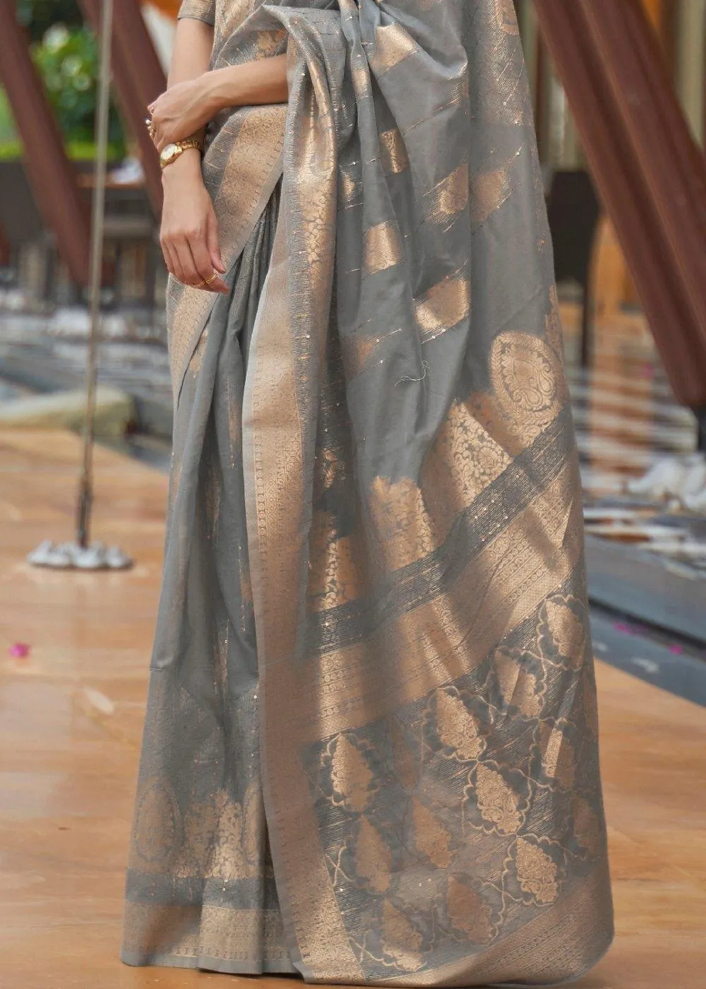 Lava Grey Zari Woven Silk Saree with Sequins work | Stitched Blouse