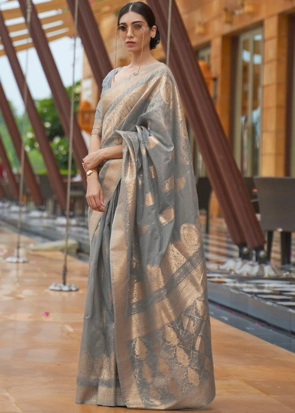 Lava Grey Zari Woven Silk Saree with Sequins work | Stitched Blouse