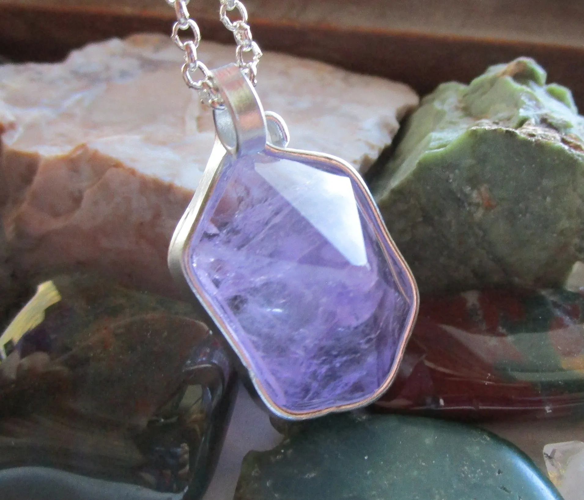 Lavender Amethyst Natural Carved Hexagon Crystal Pendant Necklace