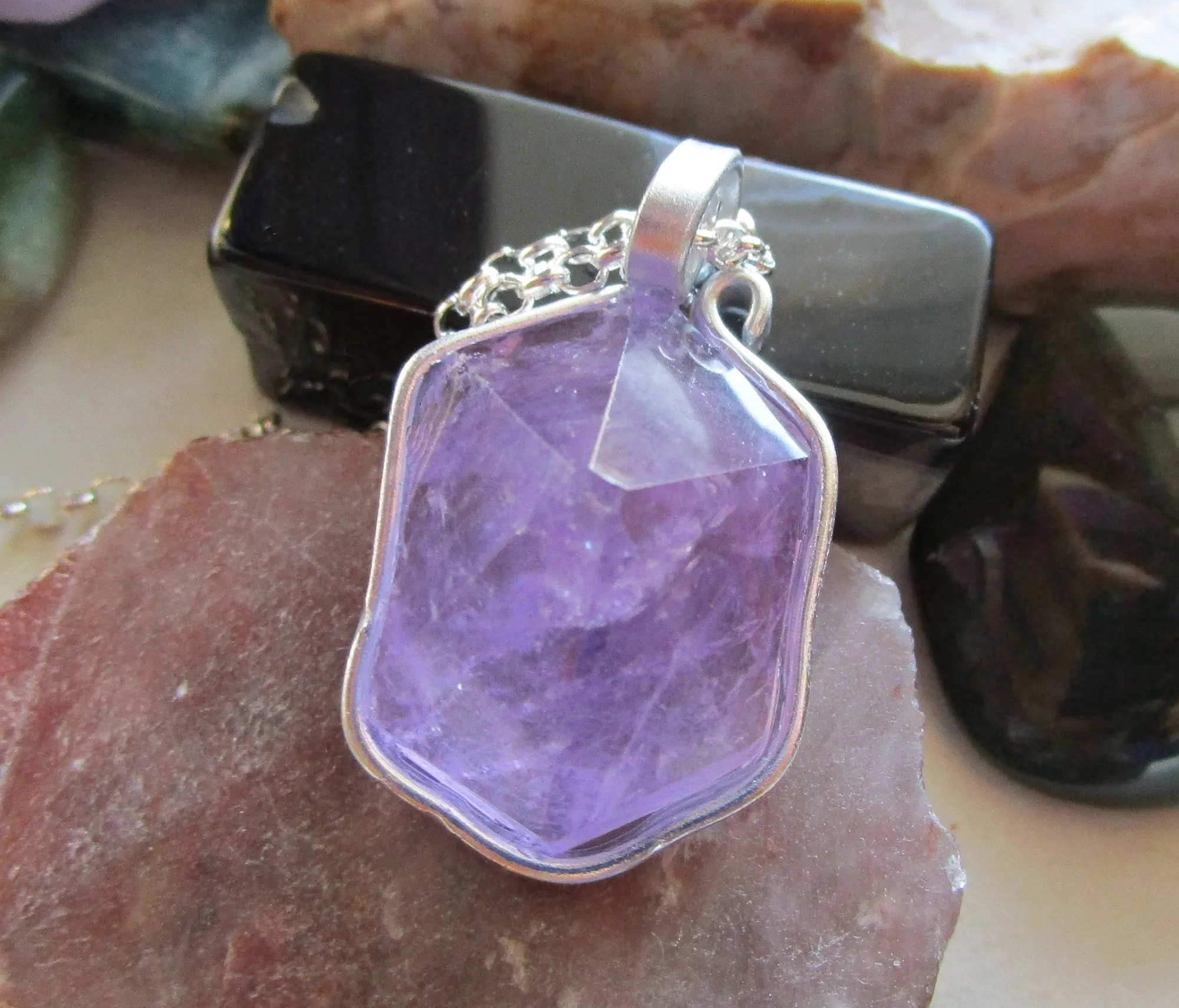 Lavender Amethyst Natural Carved Hexagon Crystal Pendant Necklace