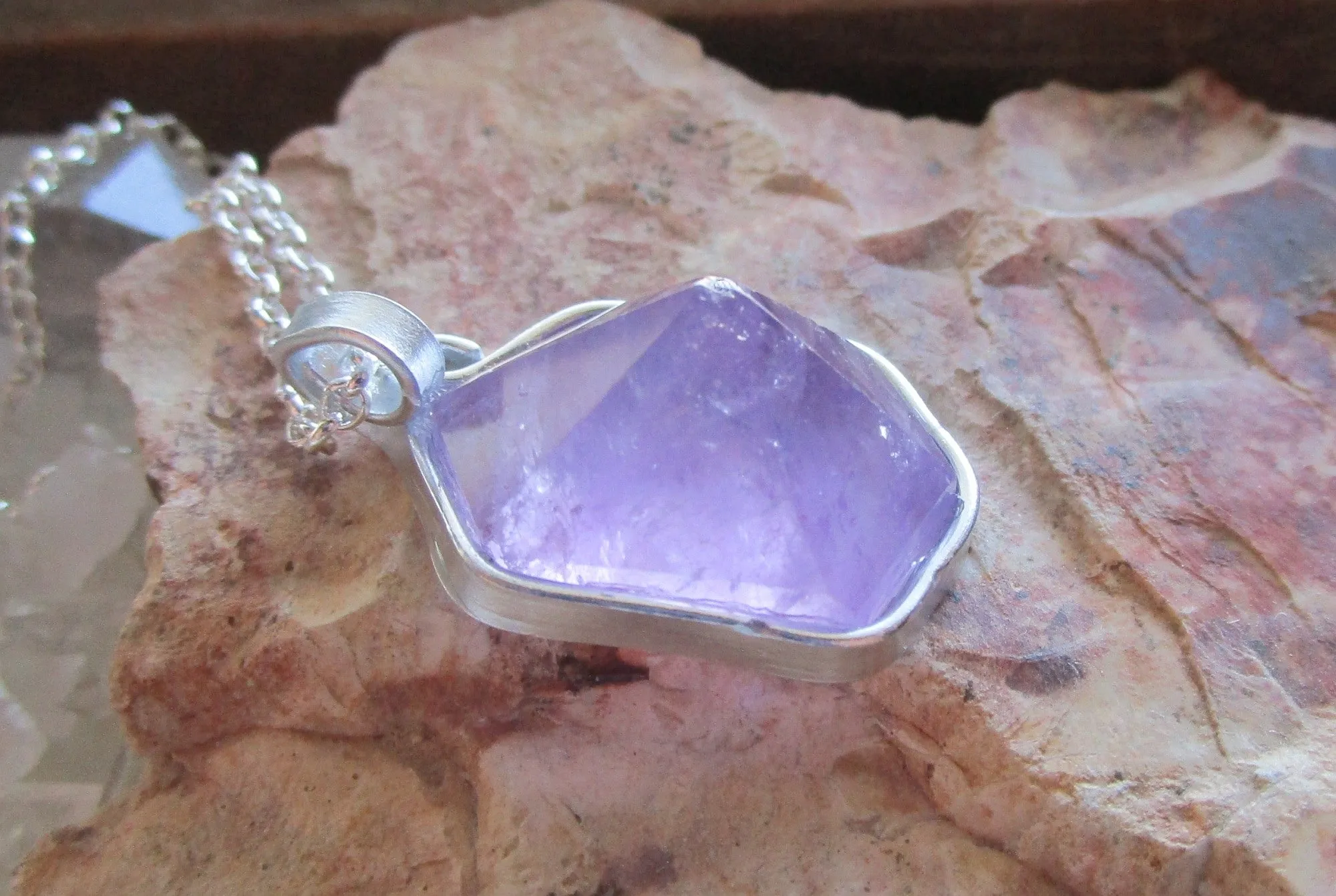 Lavender Amethyst Natural Carved Hexagon Crystal Pendant Necklace