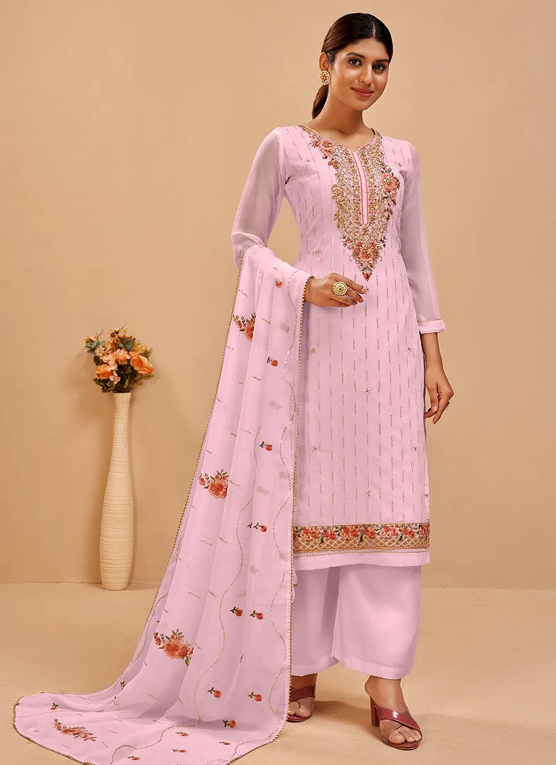 Light Pink Embroidered Pakistani Pant Suits