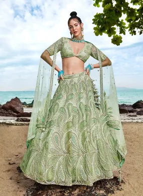 Lime Green Sequence Embroidery Wedding Lehenga Choli