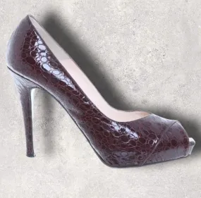 L.K. Bennett Snakeskin Burgundy Leather Peep Toe Court Shoes UK 7 US 9.5 EU 41