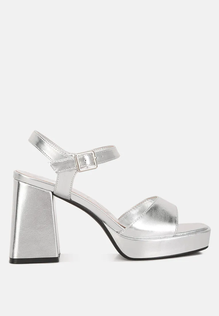 Lofty Metallic Faux Leather Block Heel Sandals