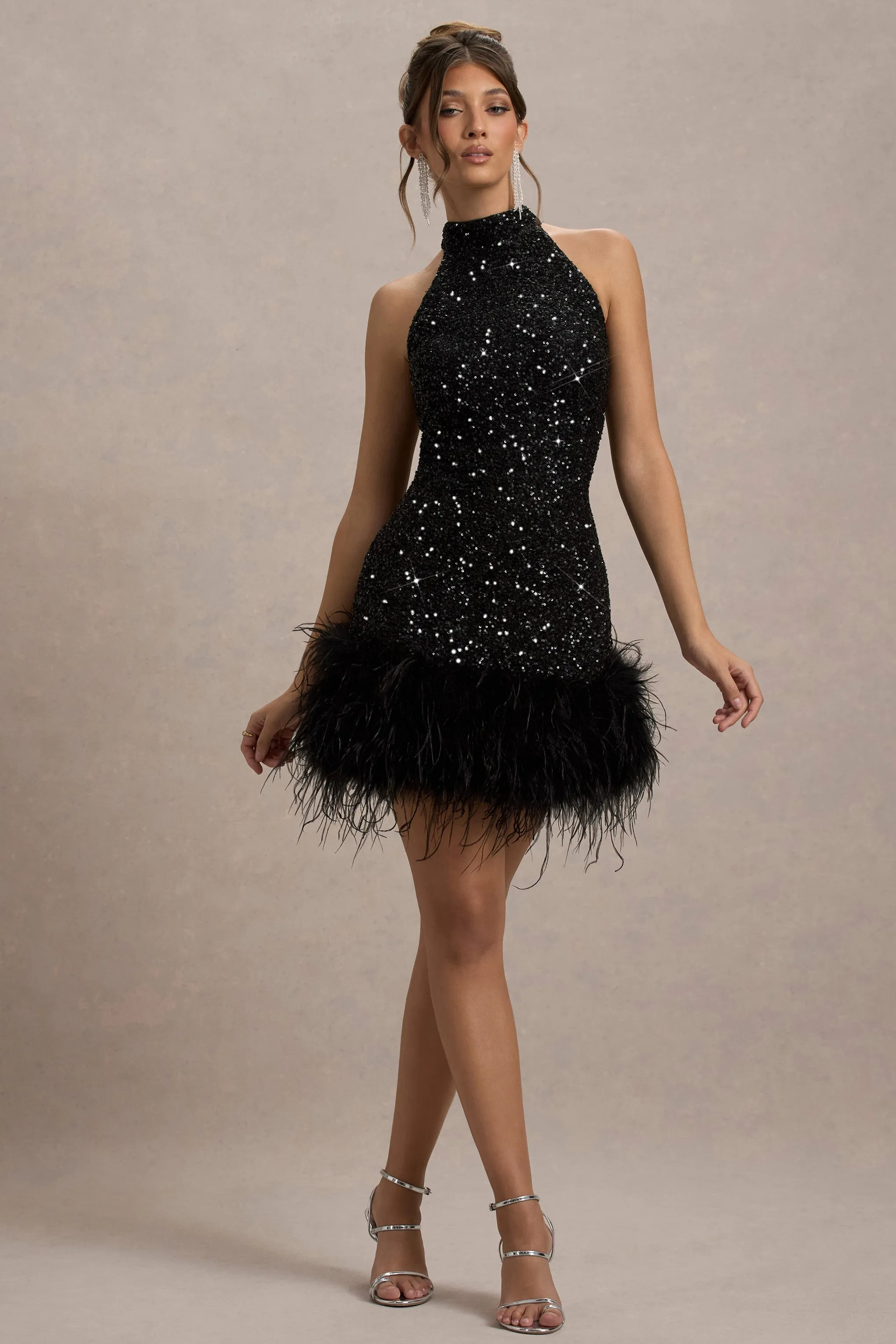 Lumi | Black Sequin High-Neck Feather Trim Mini Dress