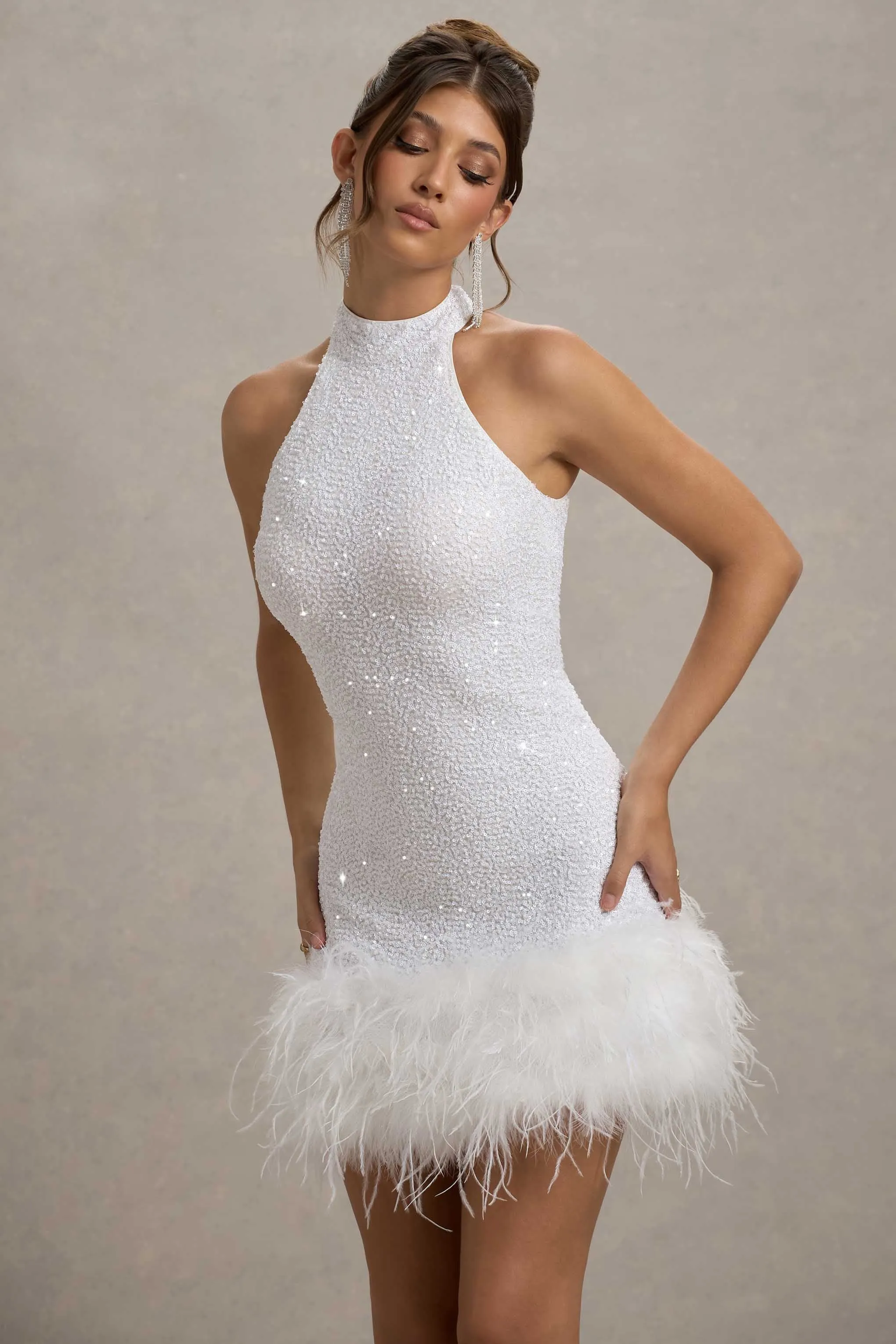 Lumi | White Sequin High-Neck Feather Trim Mini Dress