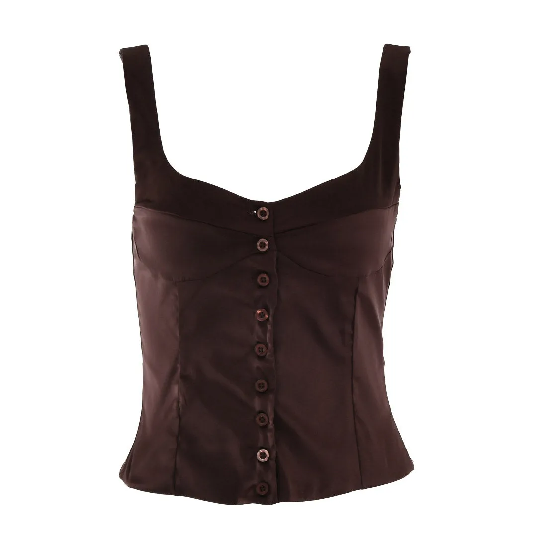 Luxury Satin Square Neck Button Up Sleeveless Tank Top - Brown