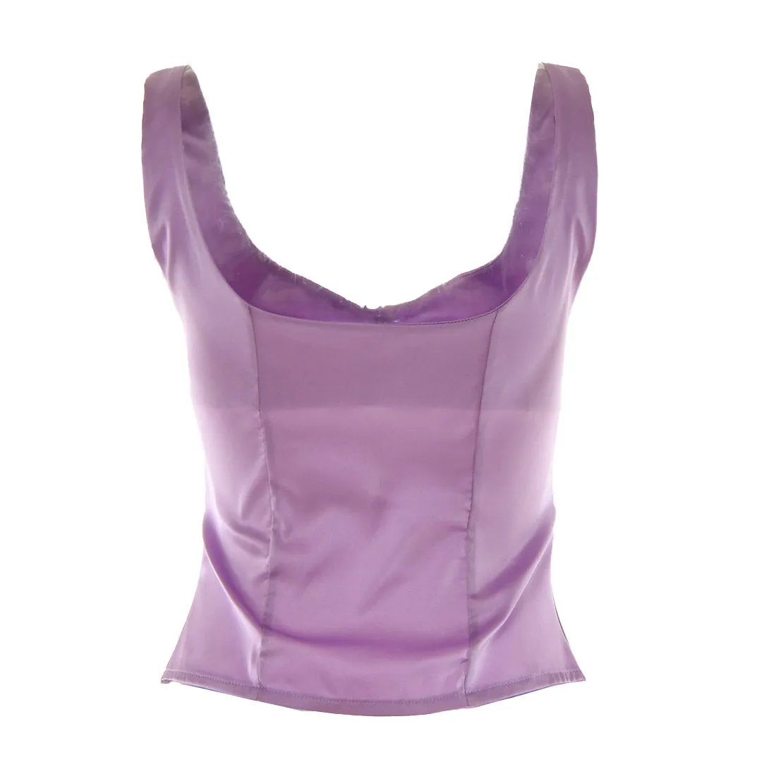 Luxury Satin Square Neck Button Up Sleeveless Tank Top - Purple