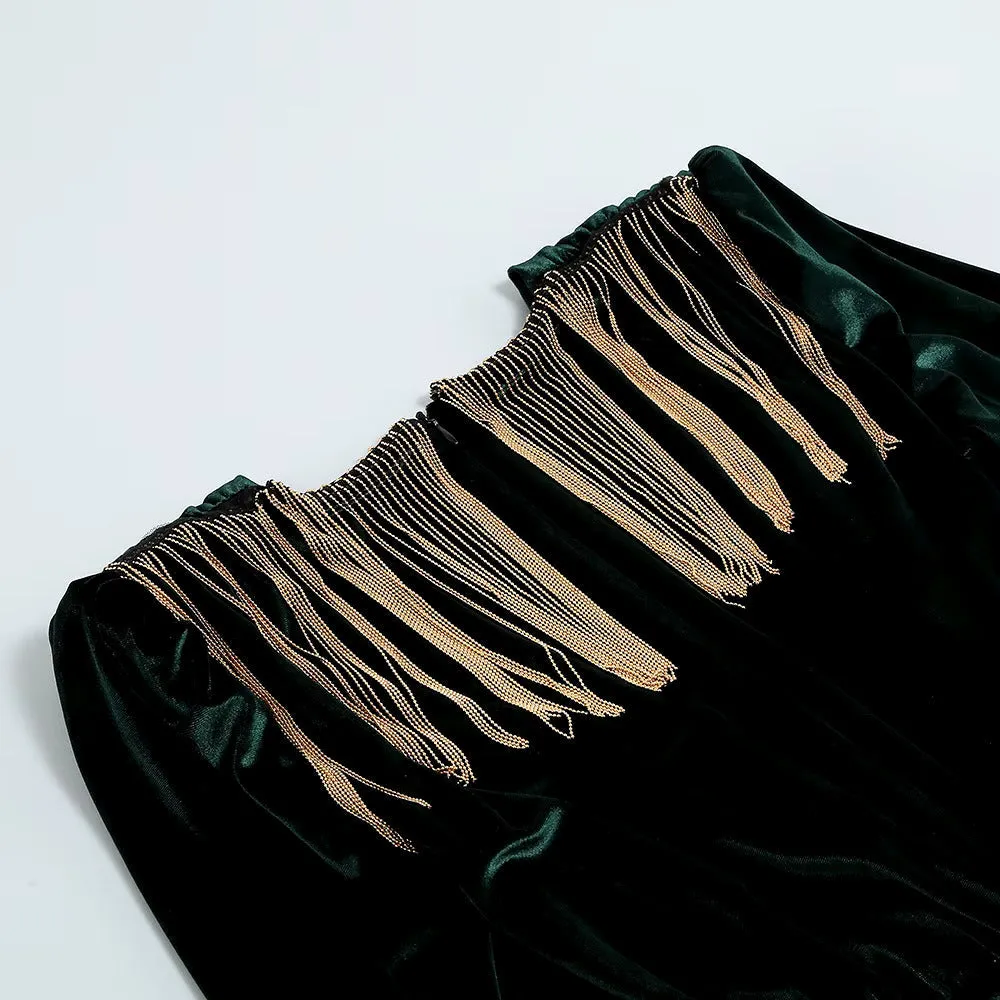 Luxury Velvet Fringe Deep V High Slit Maxi Evening Dress - Emerald Green