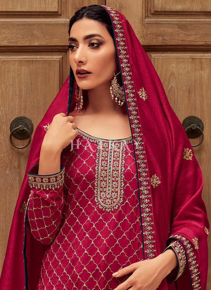 Magenta Embroidery Traditional Silk Salwar Kameez