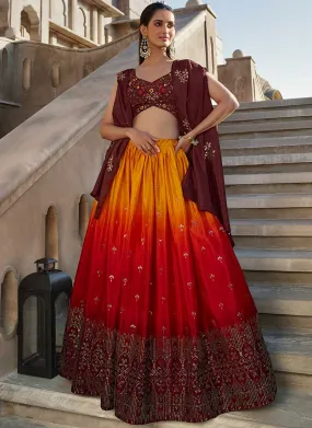 Maroon Orange Multi Embroidery Wedding Lehenga Choli