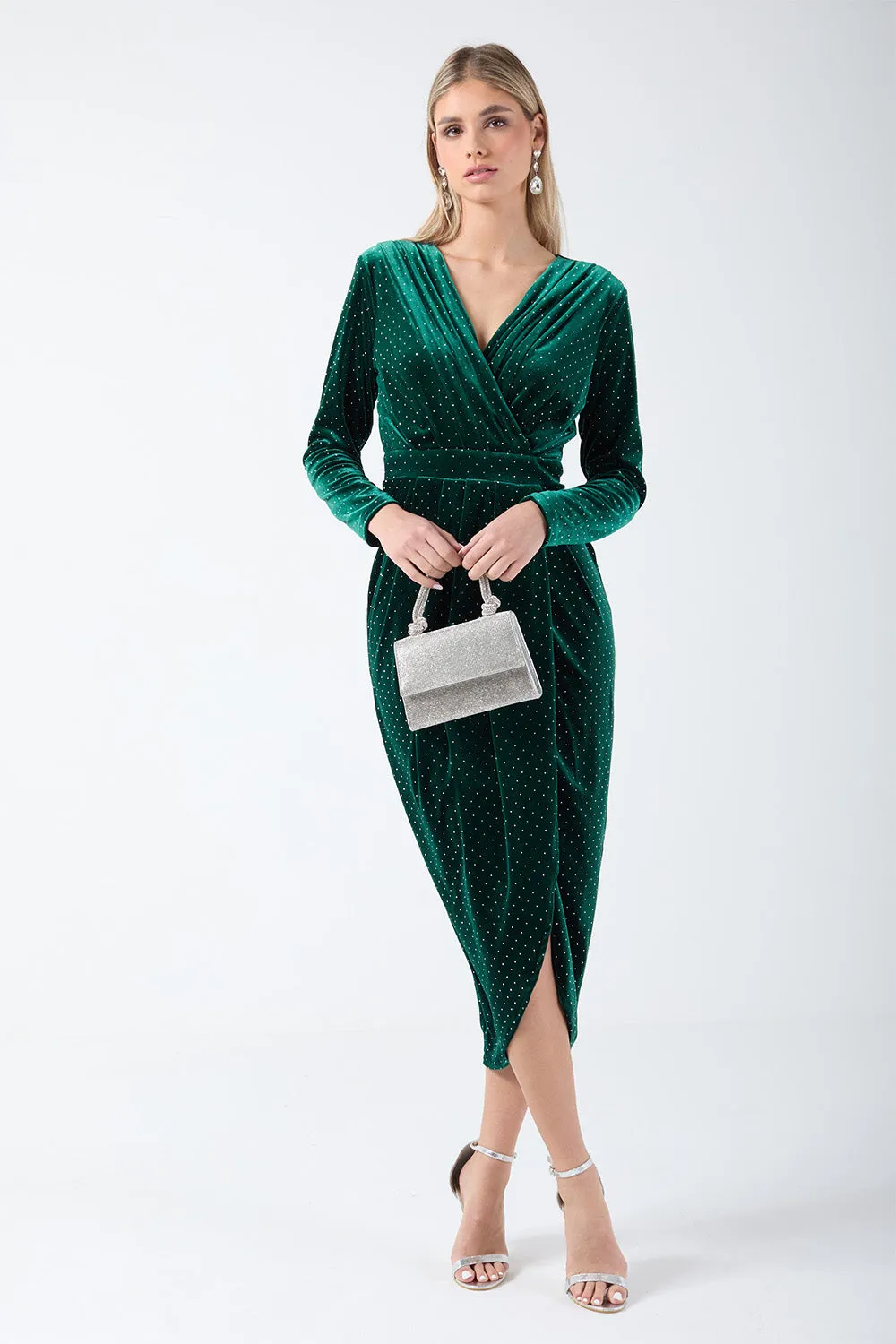 Millicent Velvet Midi Dress with Sparkle in Green