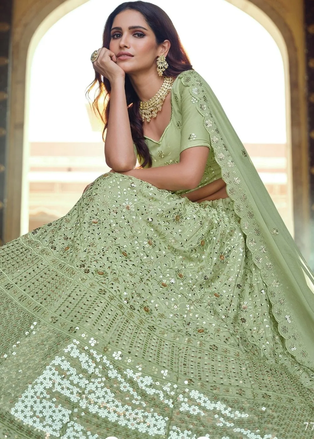 Mint Green Georgette Lehenga Choli with Sequins & Thread work