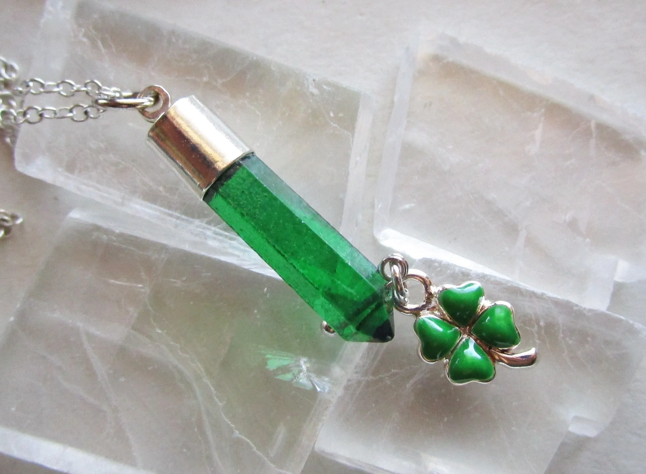 Mystic Green Quartz Crystal Shamrock Clover Pendant Necklace