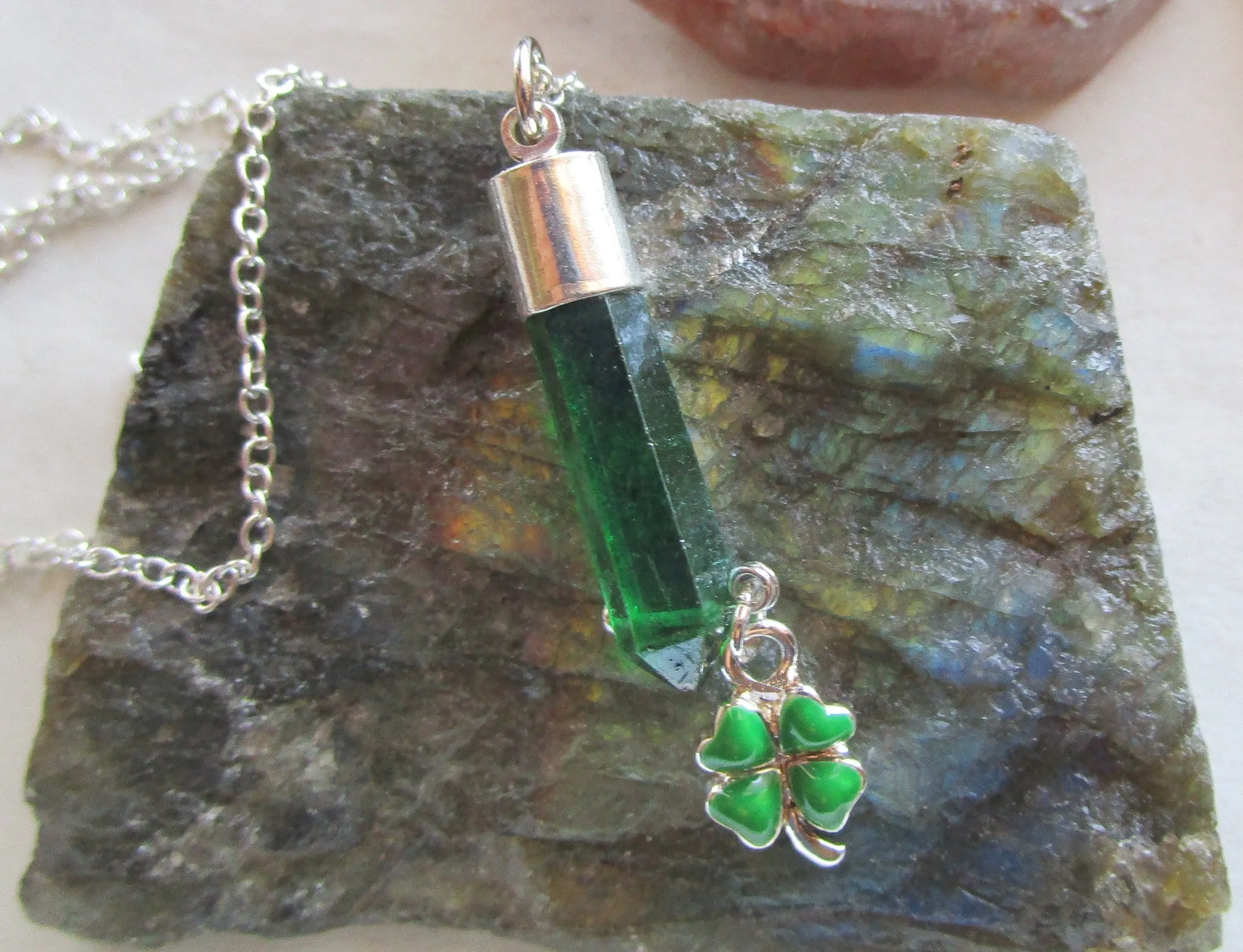 Mystic Green Quartz Crystal Shamrock Clover Pendant Necklace