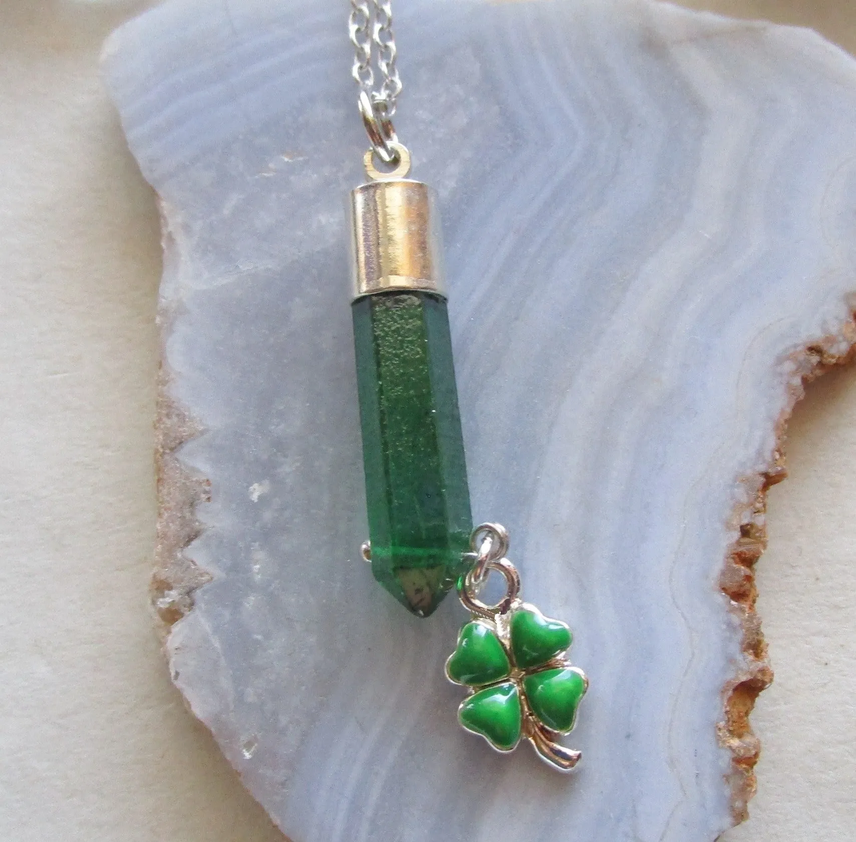 Mystic Green Quartz Crystal Shamrock Clover Pendant Necklace