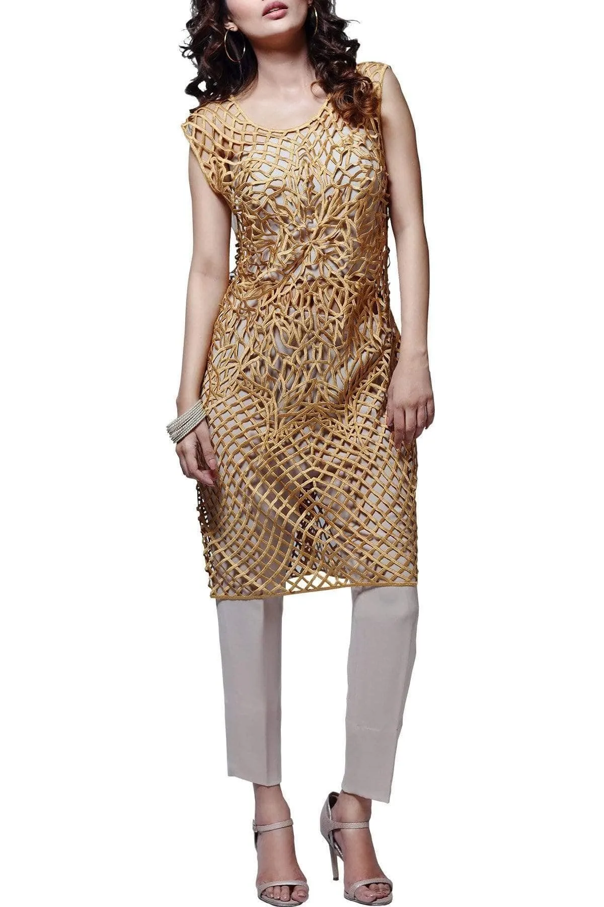 Natasha Kamal - Fire Orchid Florex Gold Shirt With Georgette Pants & Dupatta