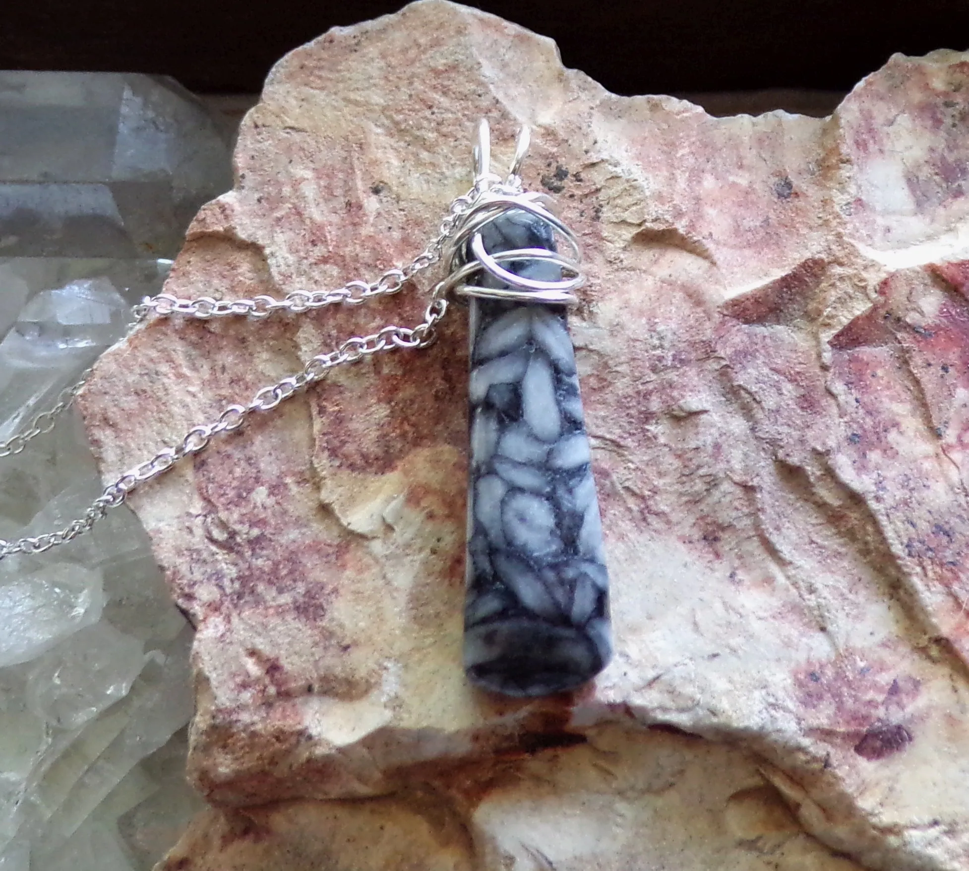 Natural Pinolith Black and White Stone Wire Wrapped Pendant Necklace