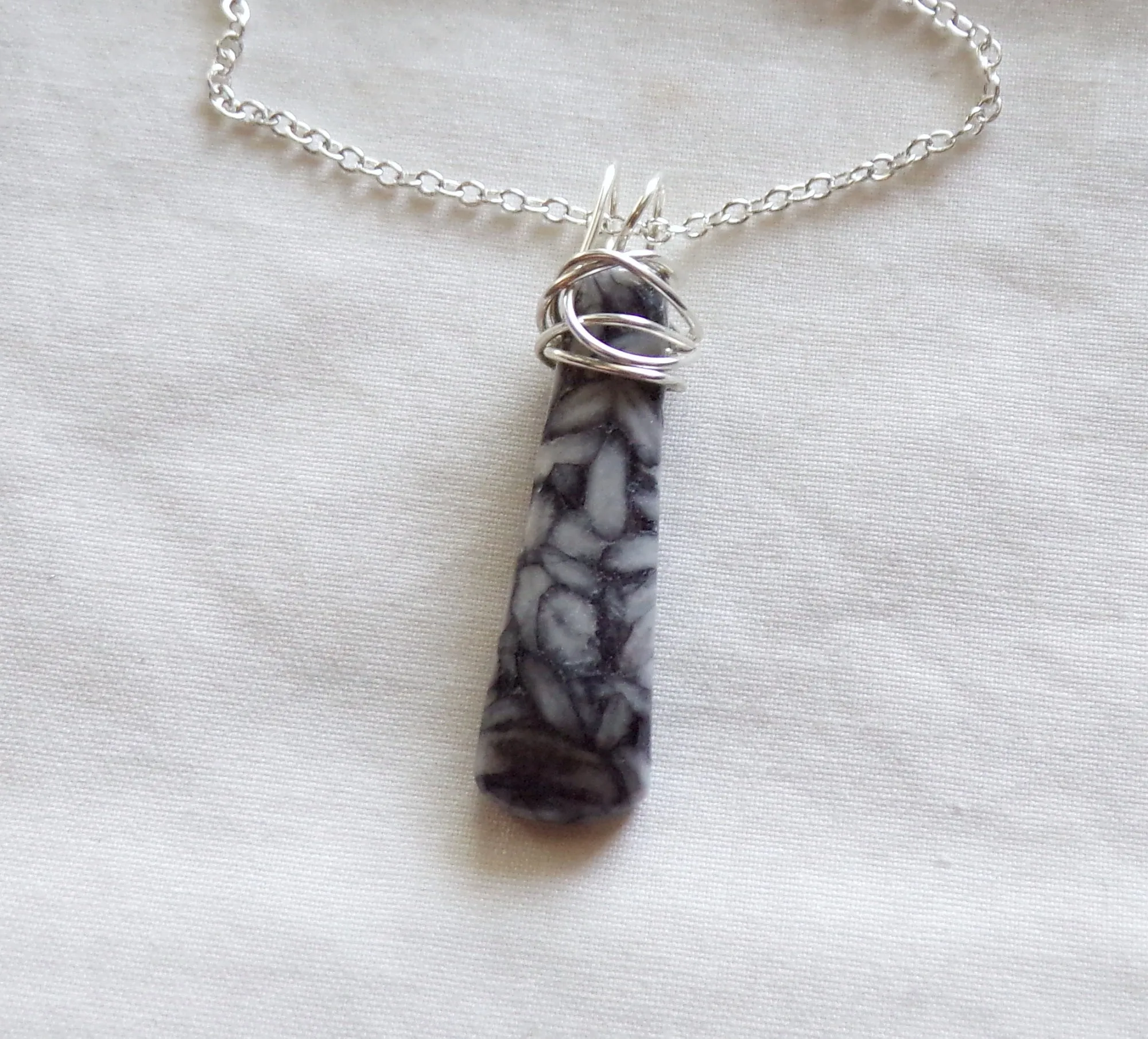 Natural Pinolith Black and White Stone Wire Wrapped Pendant Necklace