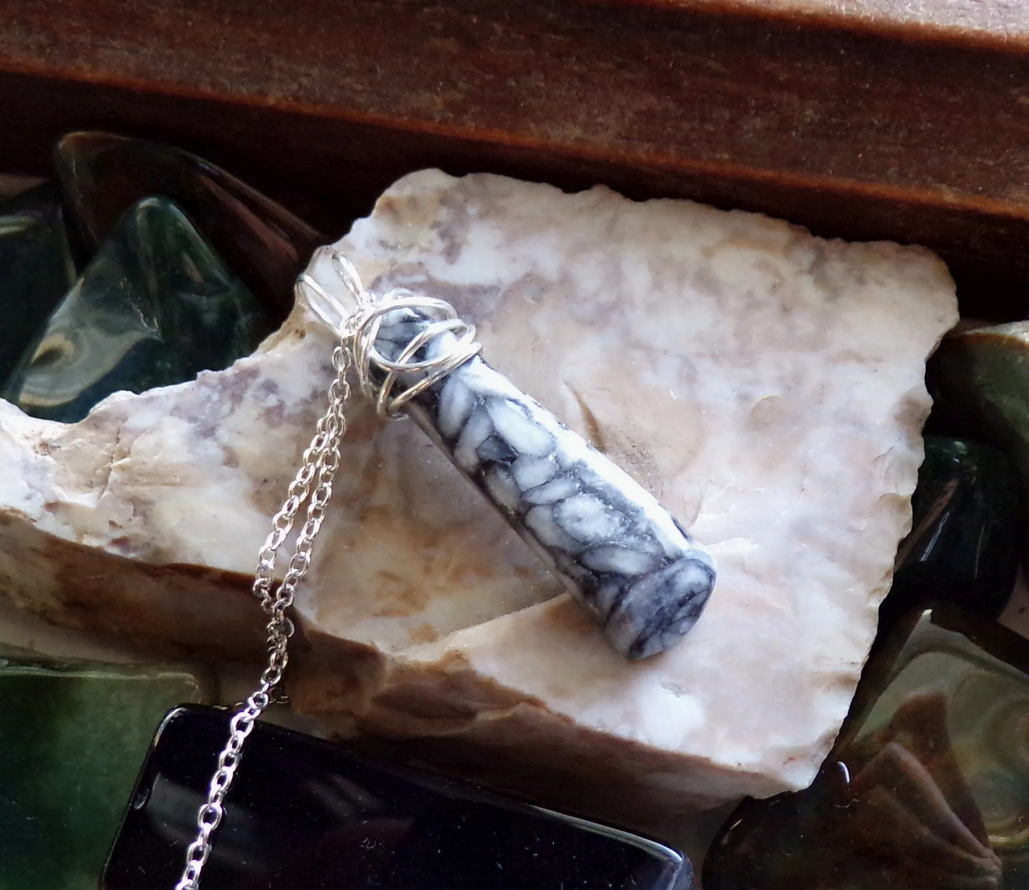 Natural Pinolith Black and White Stone Wire Wrapped Pendant Necklace