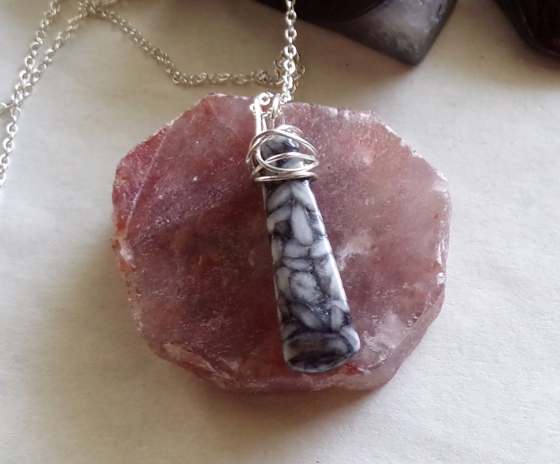 Natural Pinolith Black and White Stone Wire Wrapped Pendant Necklace