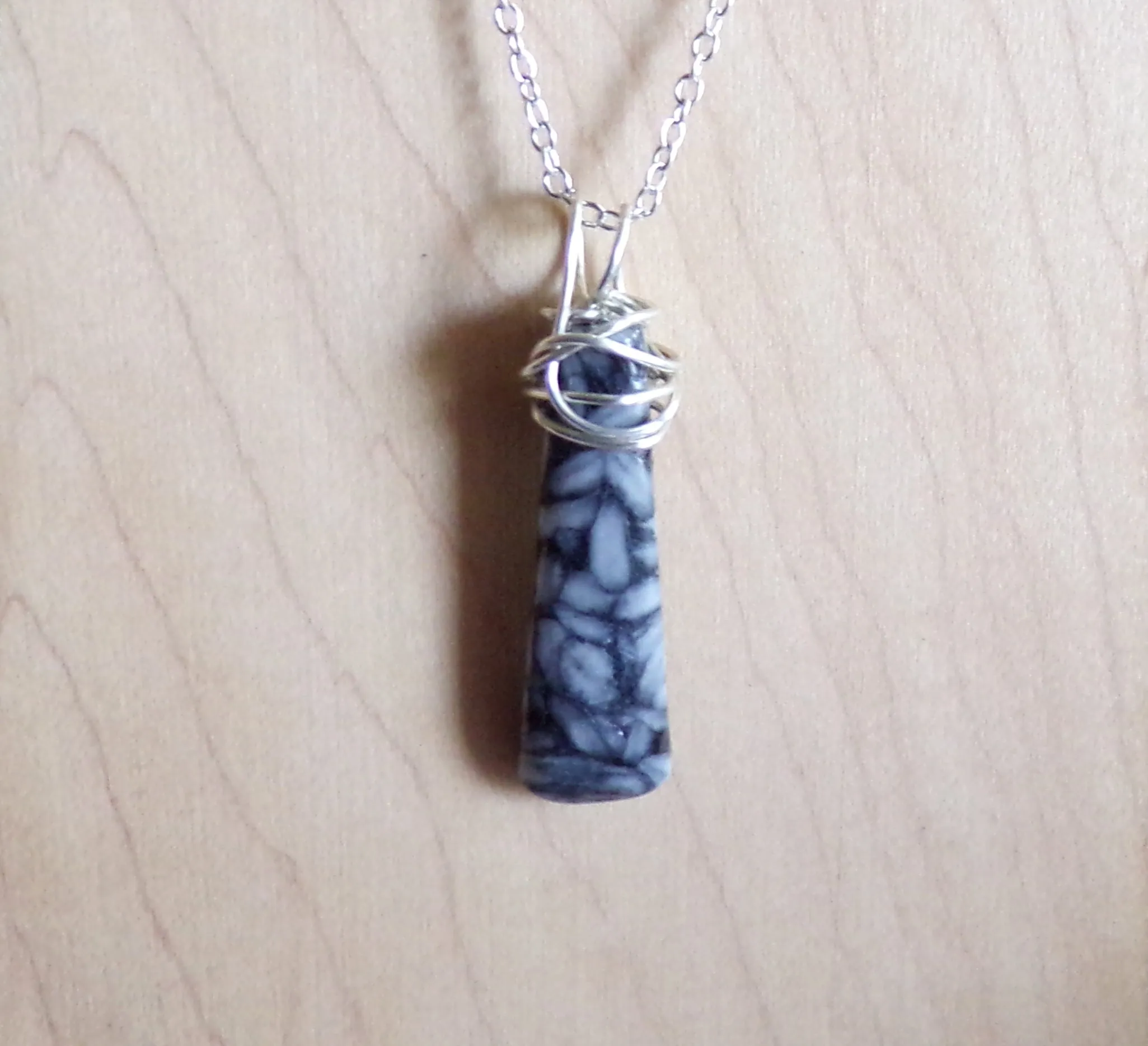 Natural Pinolith Black and White Stone Wire Wrapped Pendant Necklace