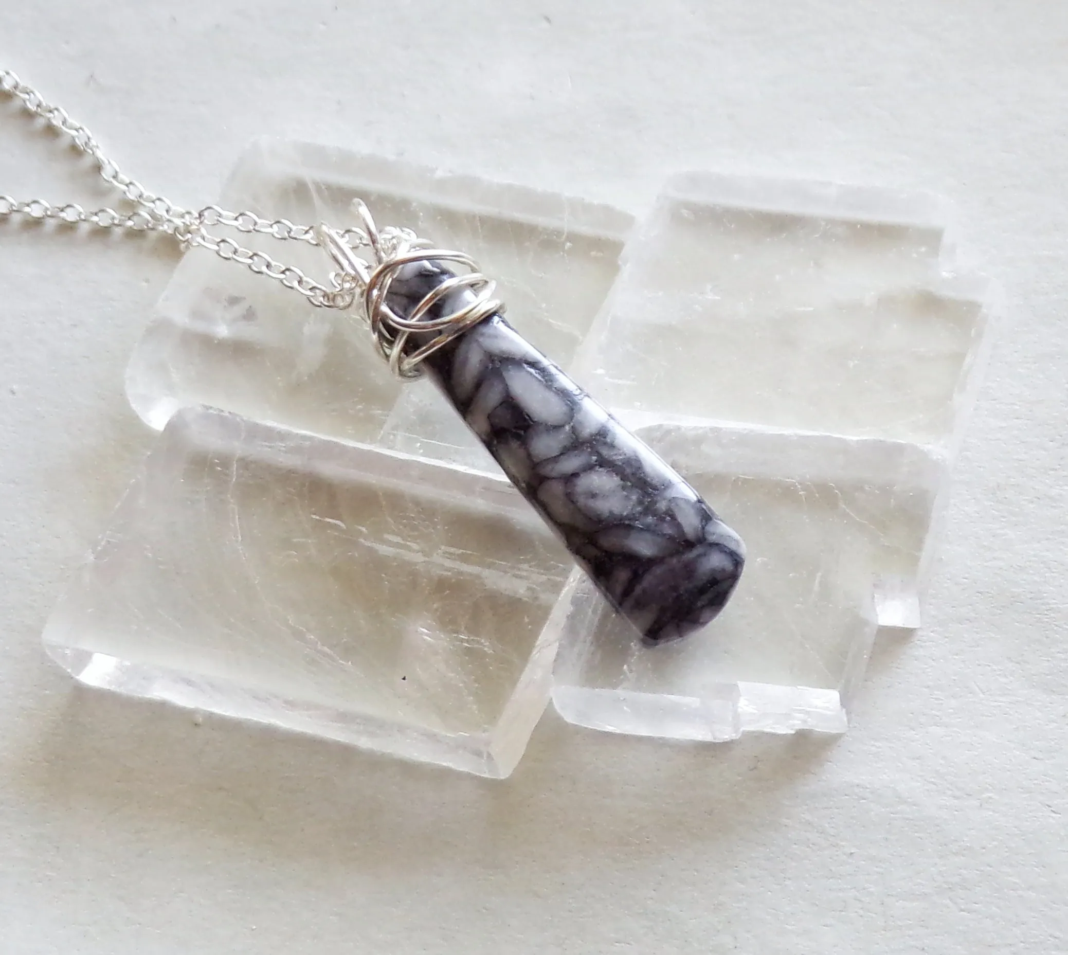 Natural Pinolith Black and White Stone Wire Wrapped Pendant Necklace