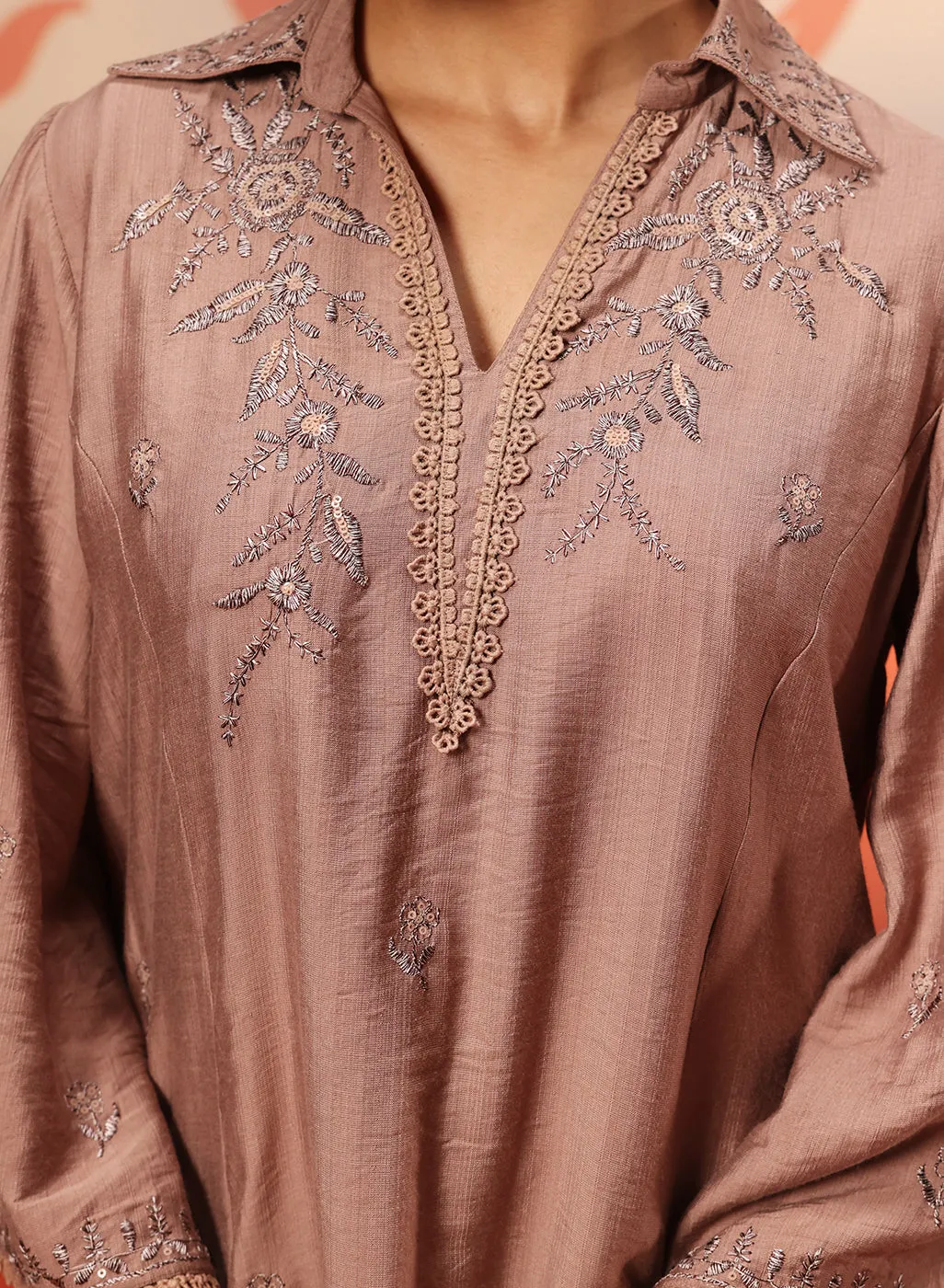 Niya Oak Brown Embroidered Cotton Linen Slub Long Top for Women