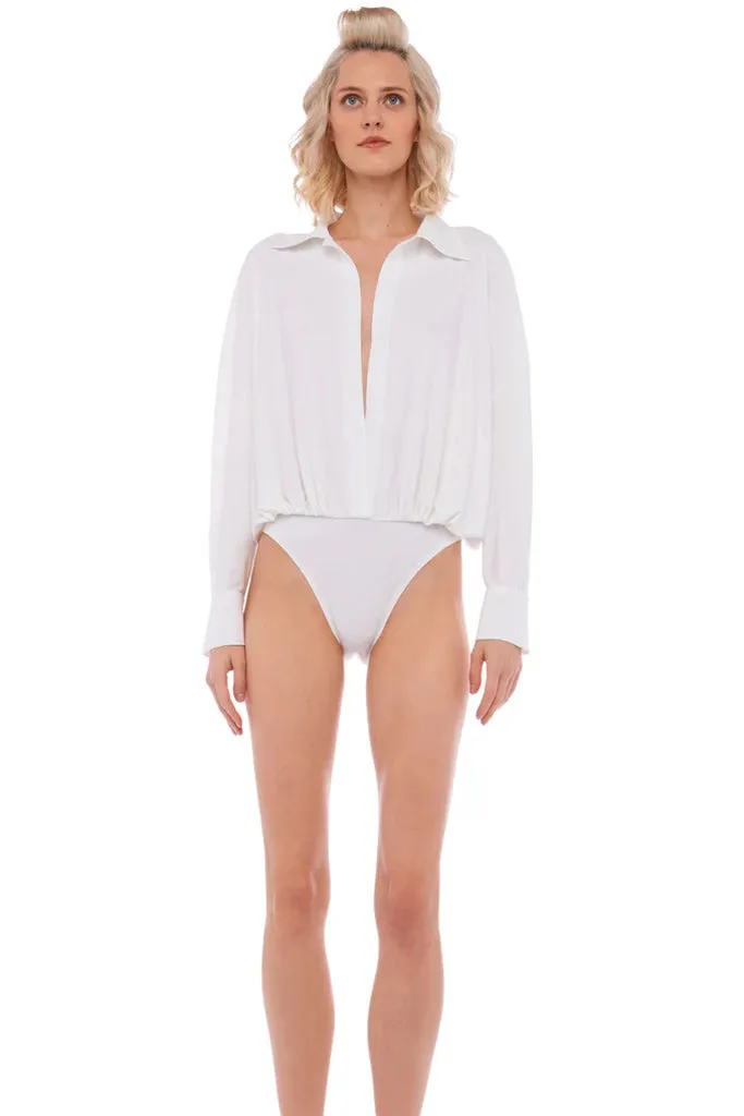 Norma Kamali - Super Oversized Boyfriend Shirt Bodysuit - Snow White *FINAL SALE