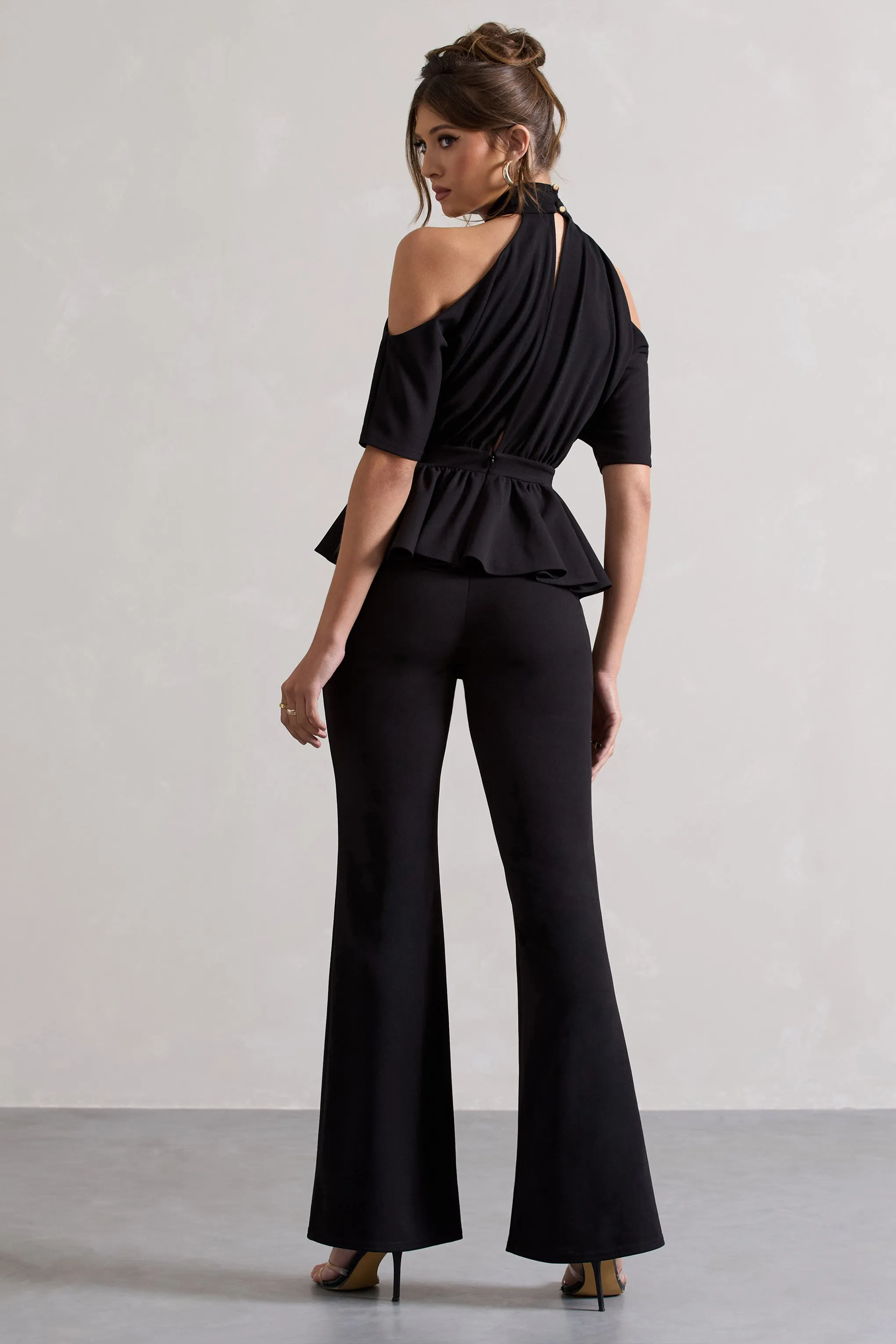 Osbourne | Black High-Neck Cut-Out Jumpsuit With Peplum Waist