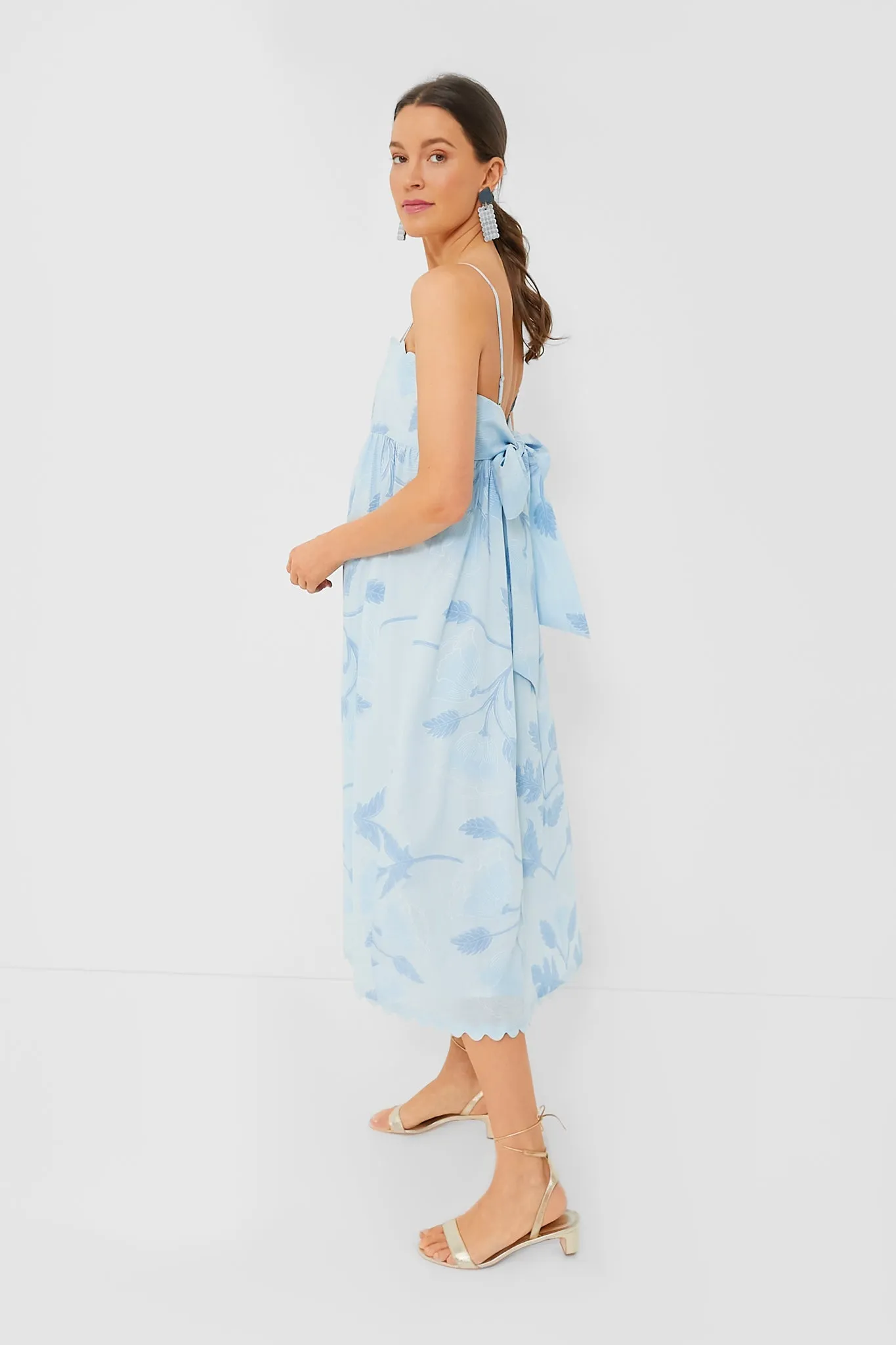 Pale Blue Tie Back Midi Dress with Bellflower Block Print