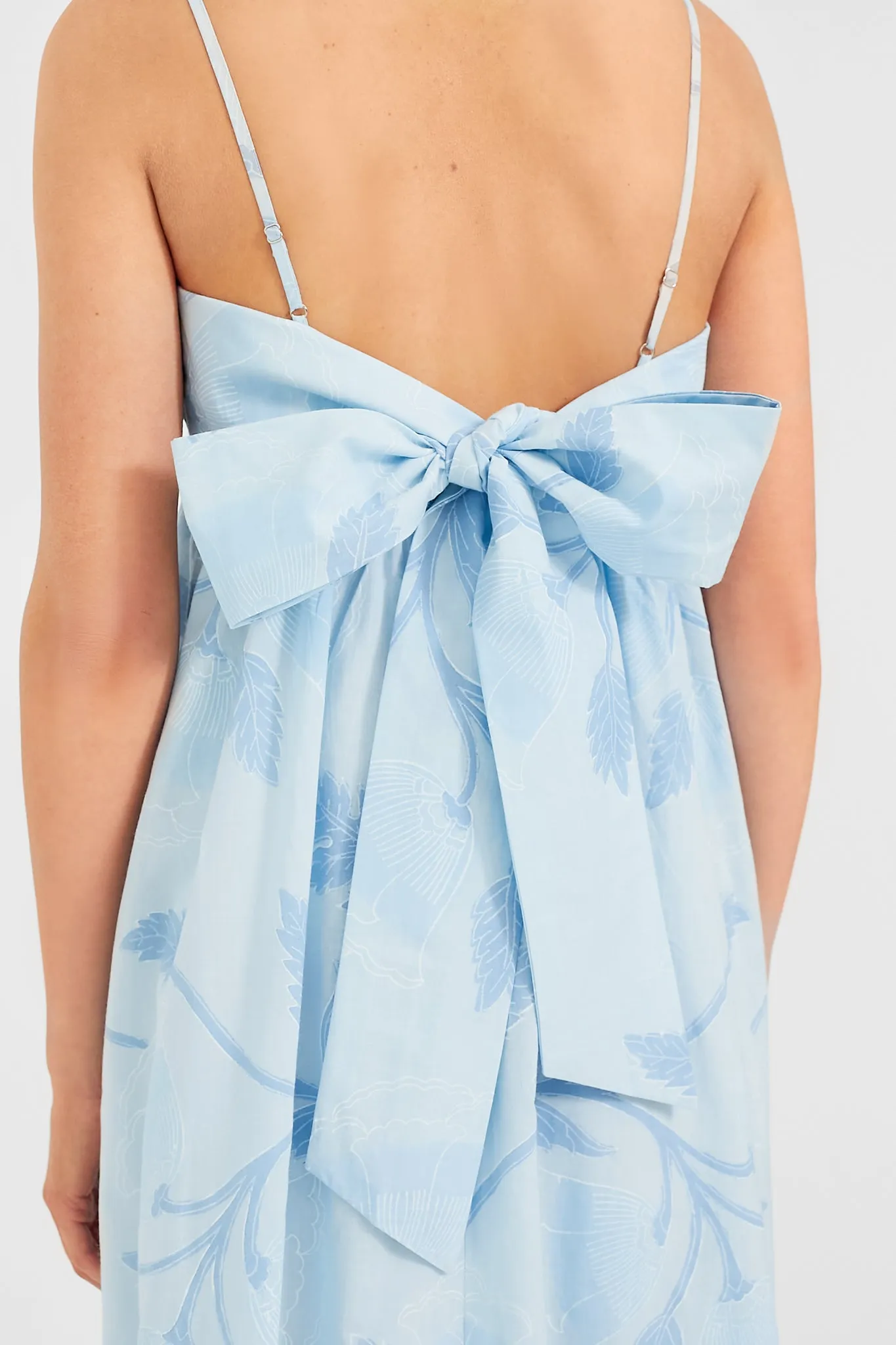 Pale Blue Tie Back Midi Dress with Bellflower Block Print