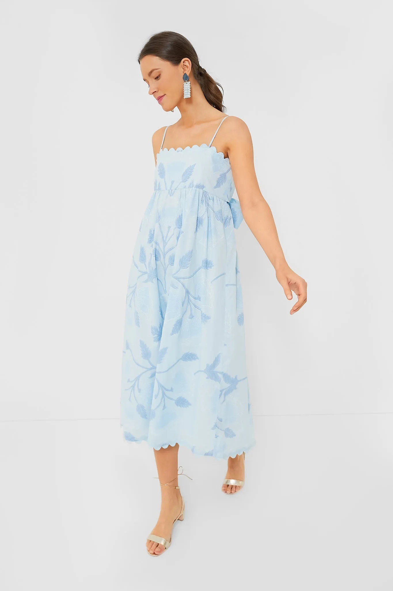 Pale Blue Tie Back Midi Dress with Bellflower Block Print