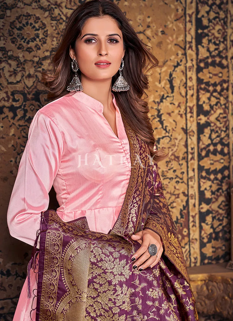 Pink And Wine Silk Embroidered Anarkali Suit