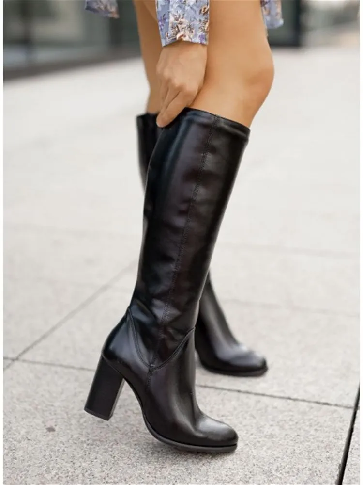 Purpdrank - Women Boots Winter Designer Luxury Faux PU Fashion High Heels Round Head Women Shoes 40-43 Zip Elegant Lady Knee High Boots